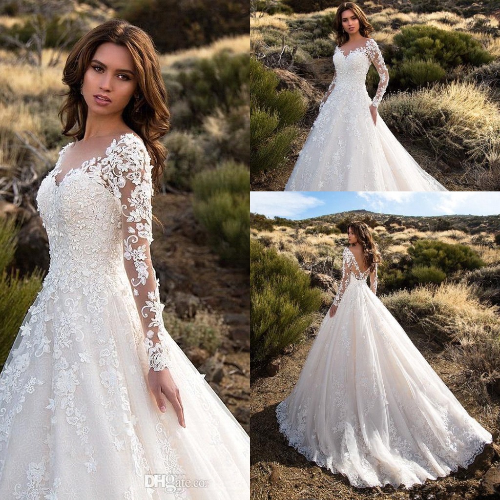 

Elegant Sheer Long Sleeves Lace Wedding Dresses 2020 Backless Tulle Applique Plus Size Bridal Gowns Robe De Mariage Custom Made BA6671, White