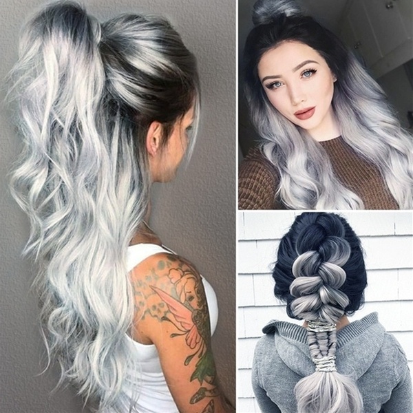 

New Fashion Women Long Black Gradient Hair Big Wave Long Curly Wigs Rose Net High Temperature Synthetic Hair Cosplay Costume, Pink