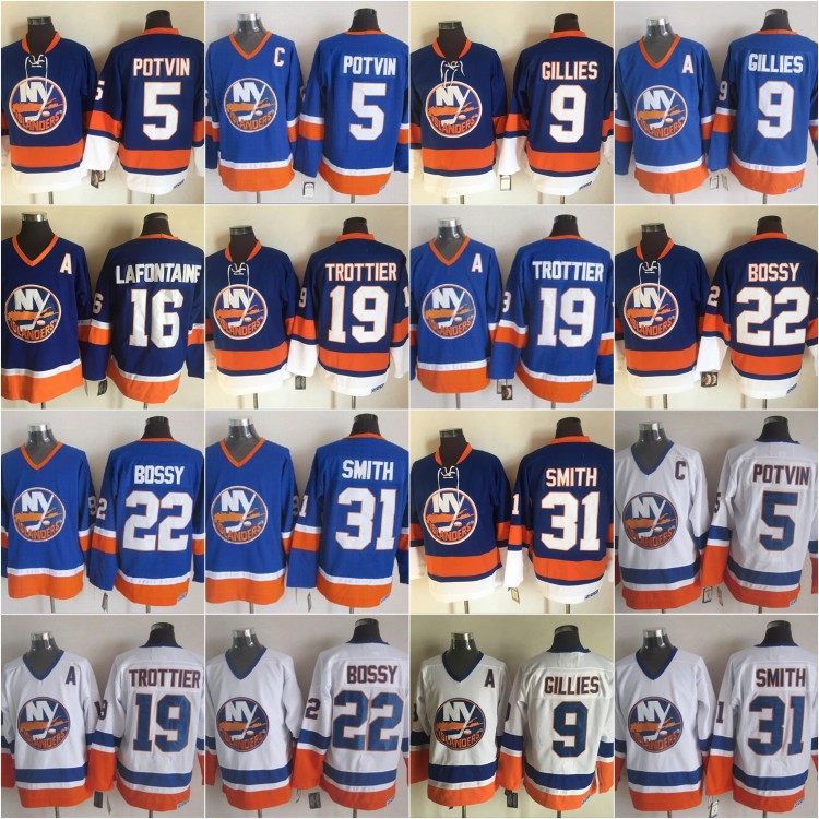 

Vintage New York Islanders 5 Denis Potvin 31 Billy Smith Mike Bossy Rocky Trottier 9 Clark Gillies Steve Thomas Pat LaFontaine Hockey Jersey, Black;red