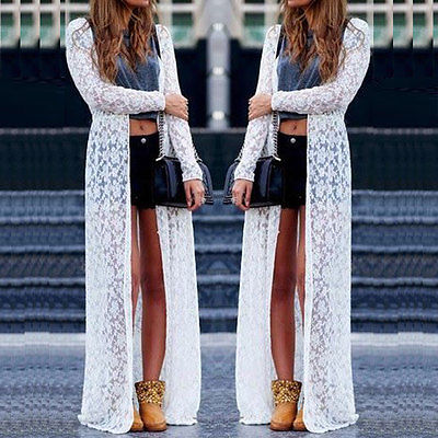 

Stylish Hot Sale Women's Solid Long Cardigan Summer Casual Lace Bikini Cover Up Swimwear Bathing Beach Robe Long Dress S