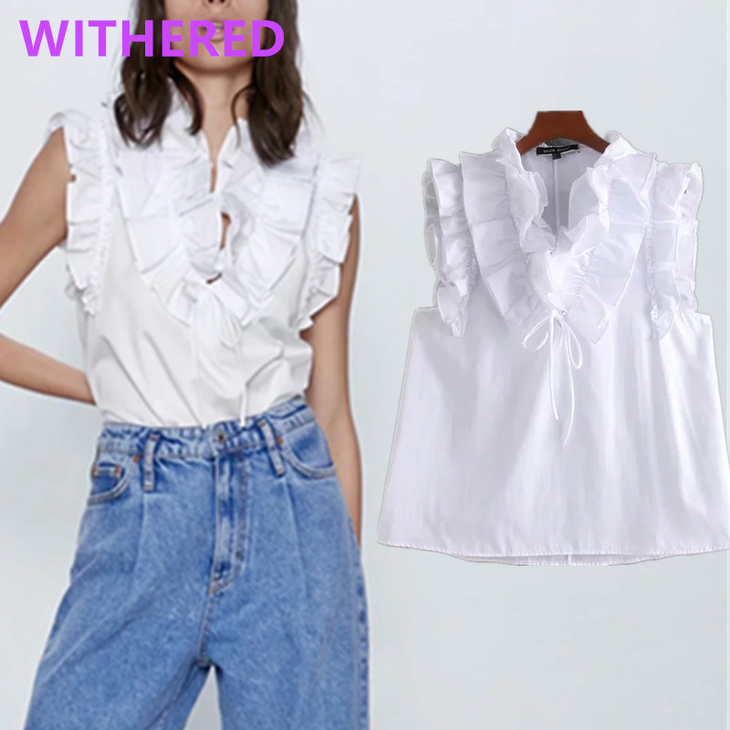 

Dave&Di england vintage cascading sleeveless summer blouse women blusas mujer de moda 2020 simple shirt womens tops and blouse, White
