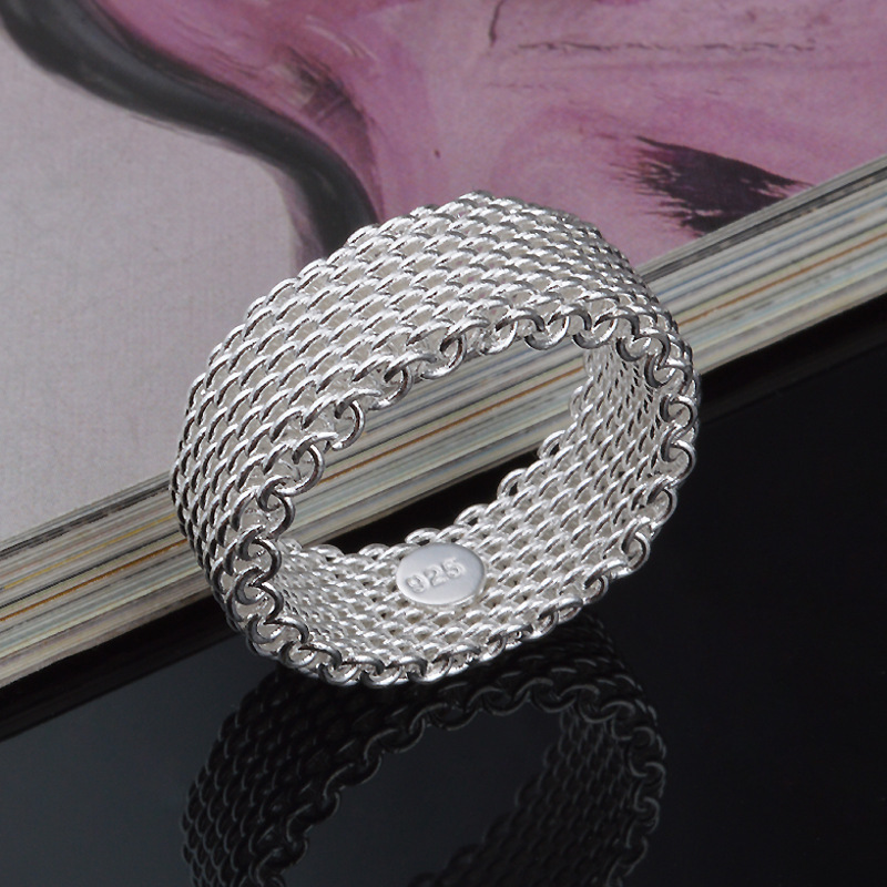 

OMHXZJ Wholesale Personality Cluster Rings Fashion OL Woman Girl Party Wedding Gift Silver Weaving Wide 925 Sterling Silver Ring RN273