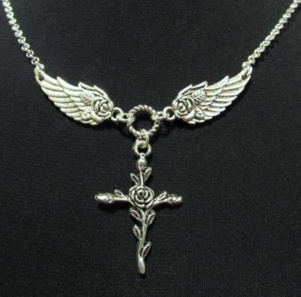 

Vintage Silver Rose Angel Wings Cross Necklace Pendants Charms Collar Statement Choker Necklaces Women Jewelry DIY Gifts Gorgeous 24pcs