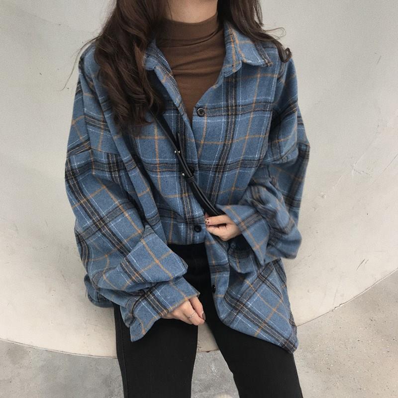 

2019 Spring Women Shirts Female Loose Style Shirts Casual Shirt Ladies Women Tops Plaid Woollen Cloth Shirt Streetwear, Blue