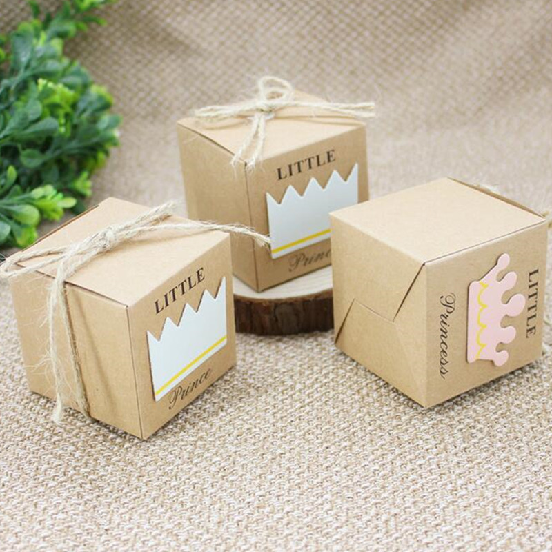 

Baby Shower Candy Box Little Prince Little Princess Crown Kraft Boxes Blue Pink Candy Box for Girl Boy Birthday Favors 50pc