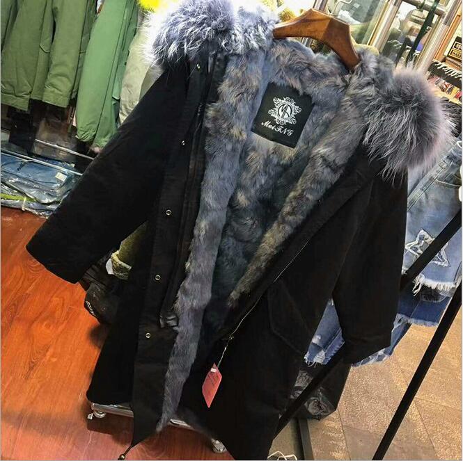 

New listing Grey raccoon fur trim Meifeng brand women snow coats dark grey rex rabbit fur lining black long parkas
