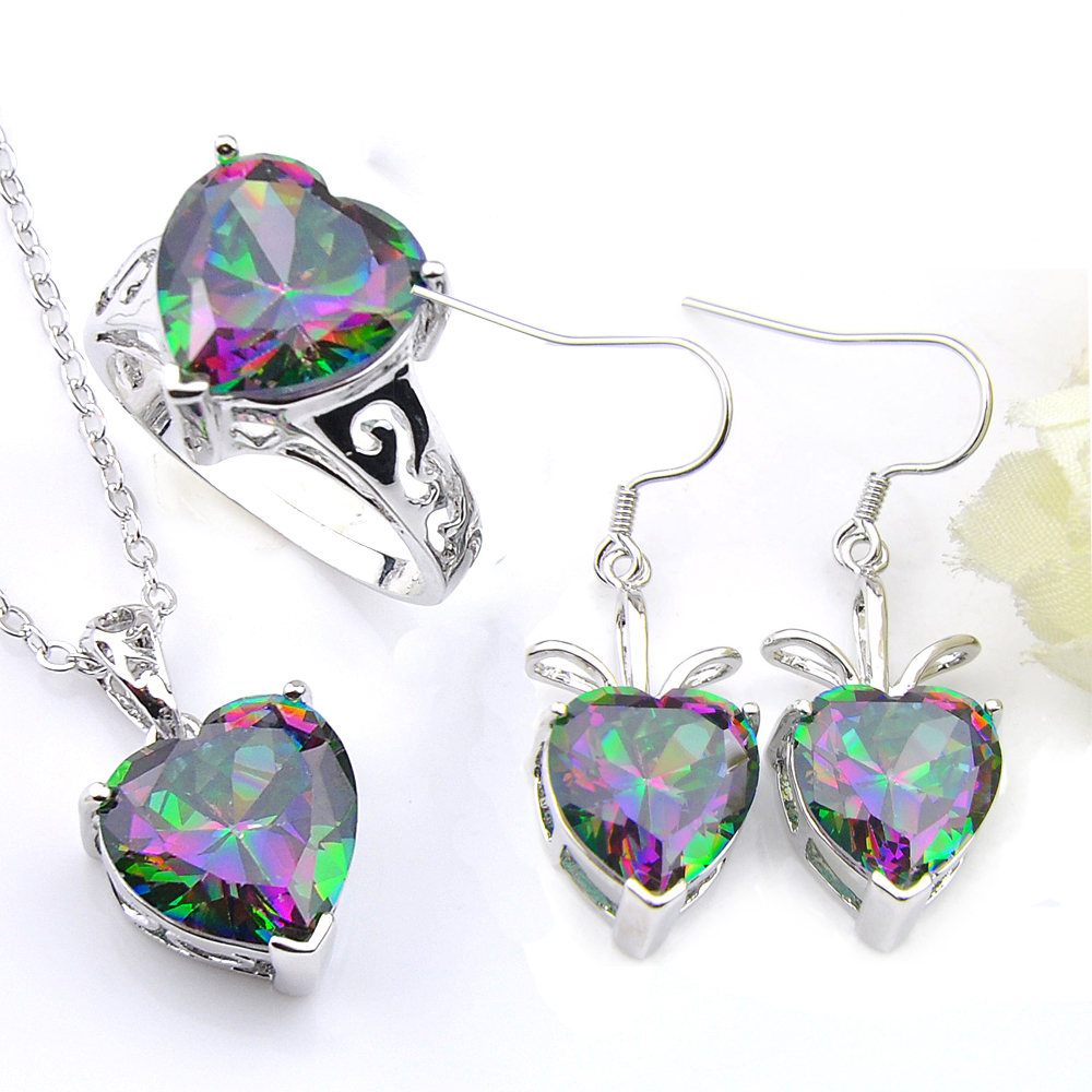 

LuckyShine Valentine's Day Gift Fire Rainbow Heart Mystic Topaz 925 Sterling Silver Rings Pendants Earrings Jewelry Set Women Free Shipping