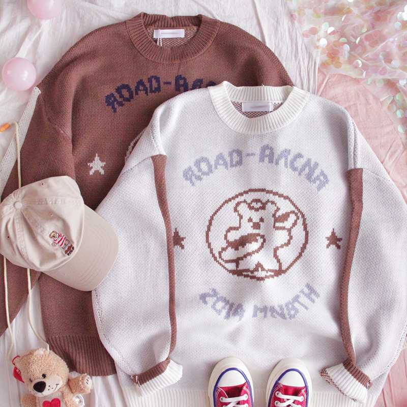 

Japanese Women Cute Bear Jacquard Sweater Young Girls Loose Thicken Autumn winter Student Harajuku Soft Sister pullover Tops, Coffee
