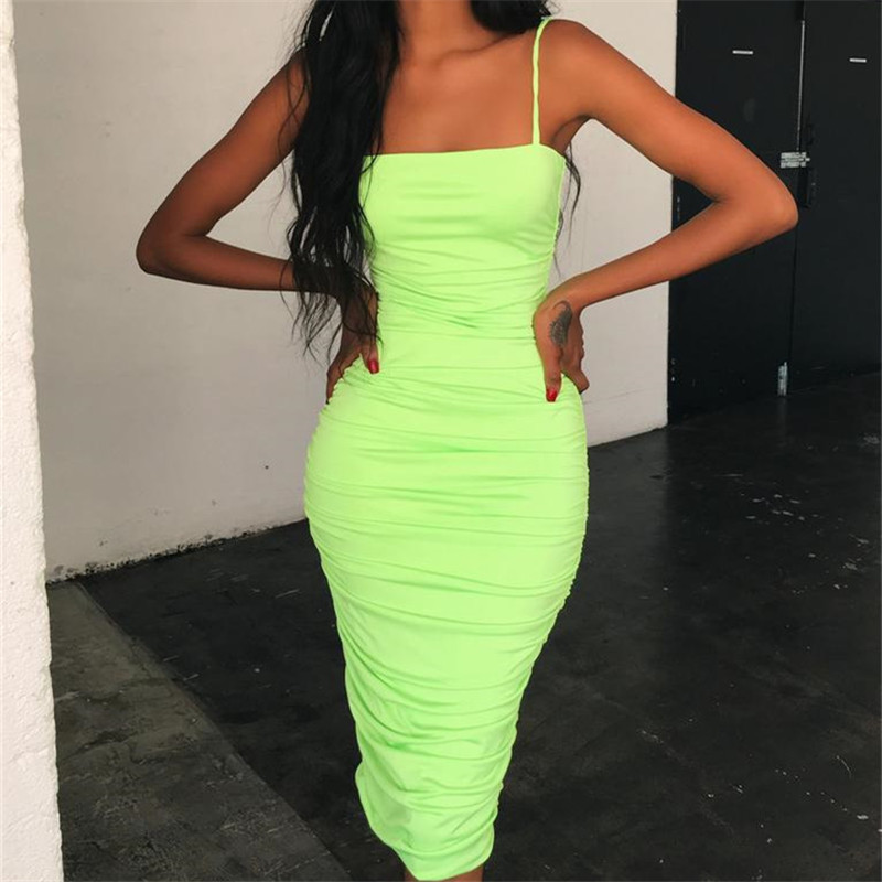 

SEXEMARA Neon Pink Green Bodycon Bandage Dress Sexy Night Club Party Dresses For Women Ruching Down Spaghetti Strap Midi Dress