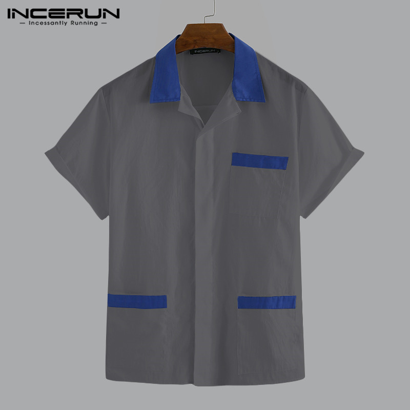 

2020 Fashion Men Shirt Short Sleeve Breathable Lapel Casual Blouse Summer Streetwear Pockets Mens Work Uniform Plus Size INCERUN, Gray shirt