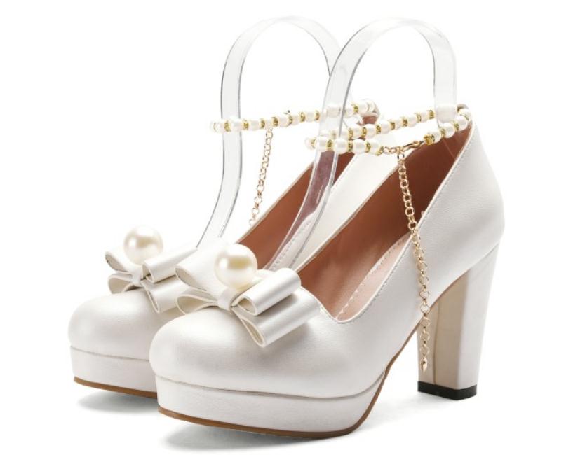 

2019 bowknot Women's shoes in Spring and Autumn with New style High heel Coarse heel round head @01, White