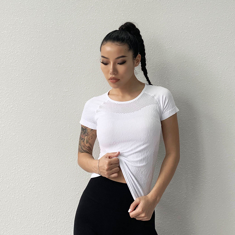 

Hollow Sports Top Women Moisture Quick Dry Yoga Shirt Short Sleeve Fitness Running Gym Workout Sportswear Breathable Shirt, Black