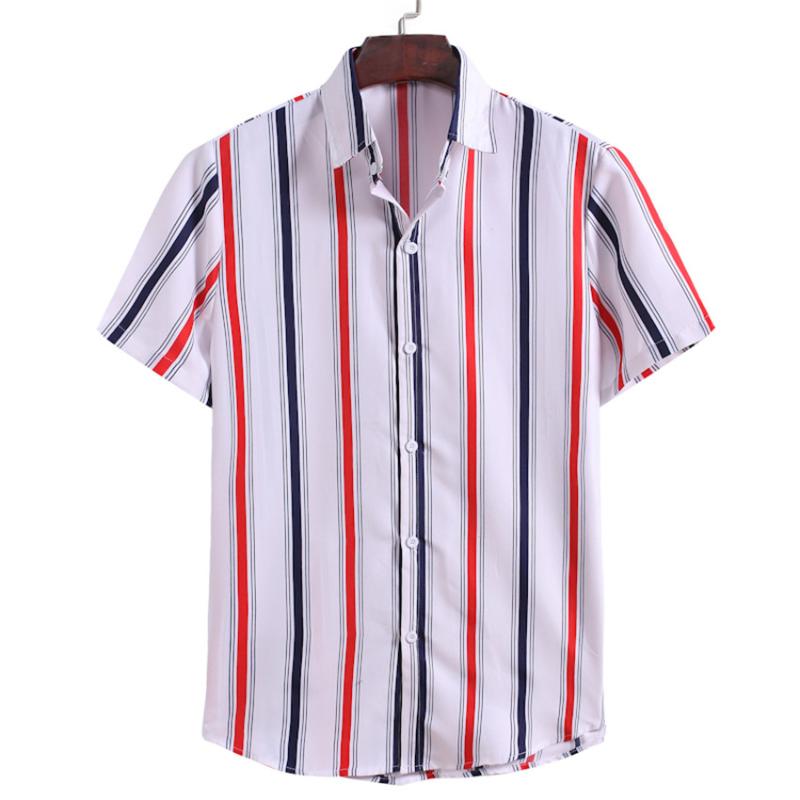 

KISSQIQI Men Striped Short Sleeve Shirt Fashion Creative Turn-down Neck Shirt Loose Summer Male Tops Maximum Asian Size -3XL