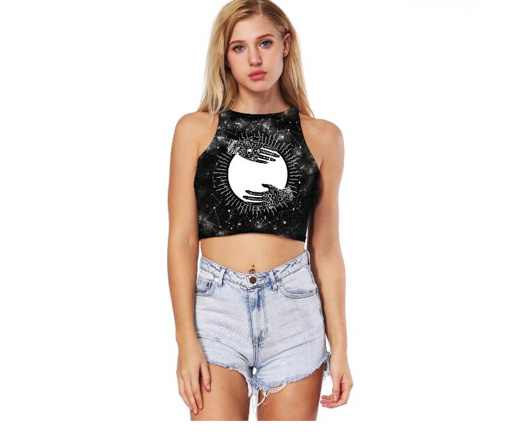 

Women Summer Fashion Sun Moon Print Halter Neck Black Sleeveless Vest Halter Tank Tops  Casual Sexy T shirt, As pic