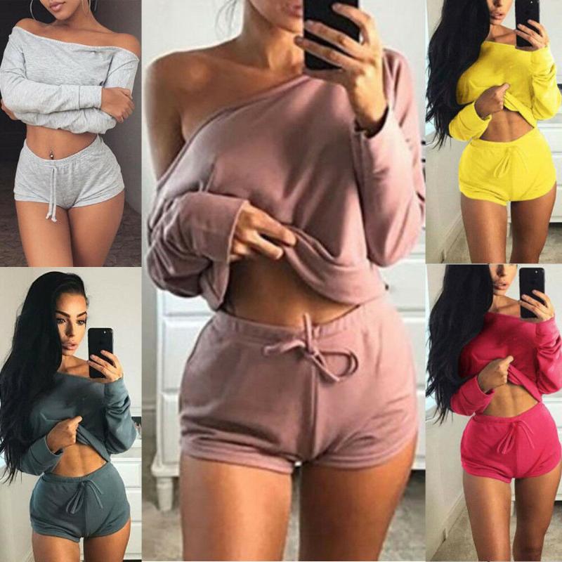 

Two Pieces Fashion Women Off Shoulder Slash Neck Casual Long Sleeve T-shirt Crop Tops High Waist Lace-up Short Romper Trousers, Yellow