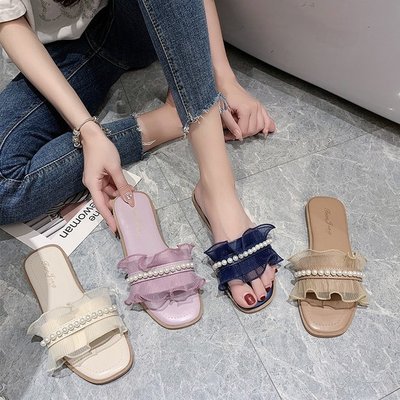 

Slippers women 2020 summer new low-heel beaded ribbon fashion outer wear Korean version, Beige