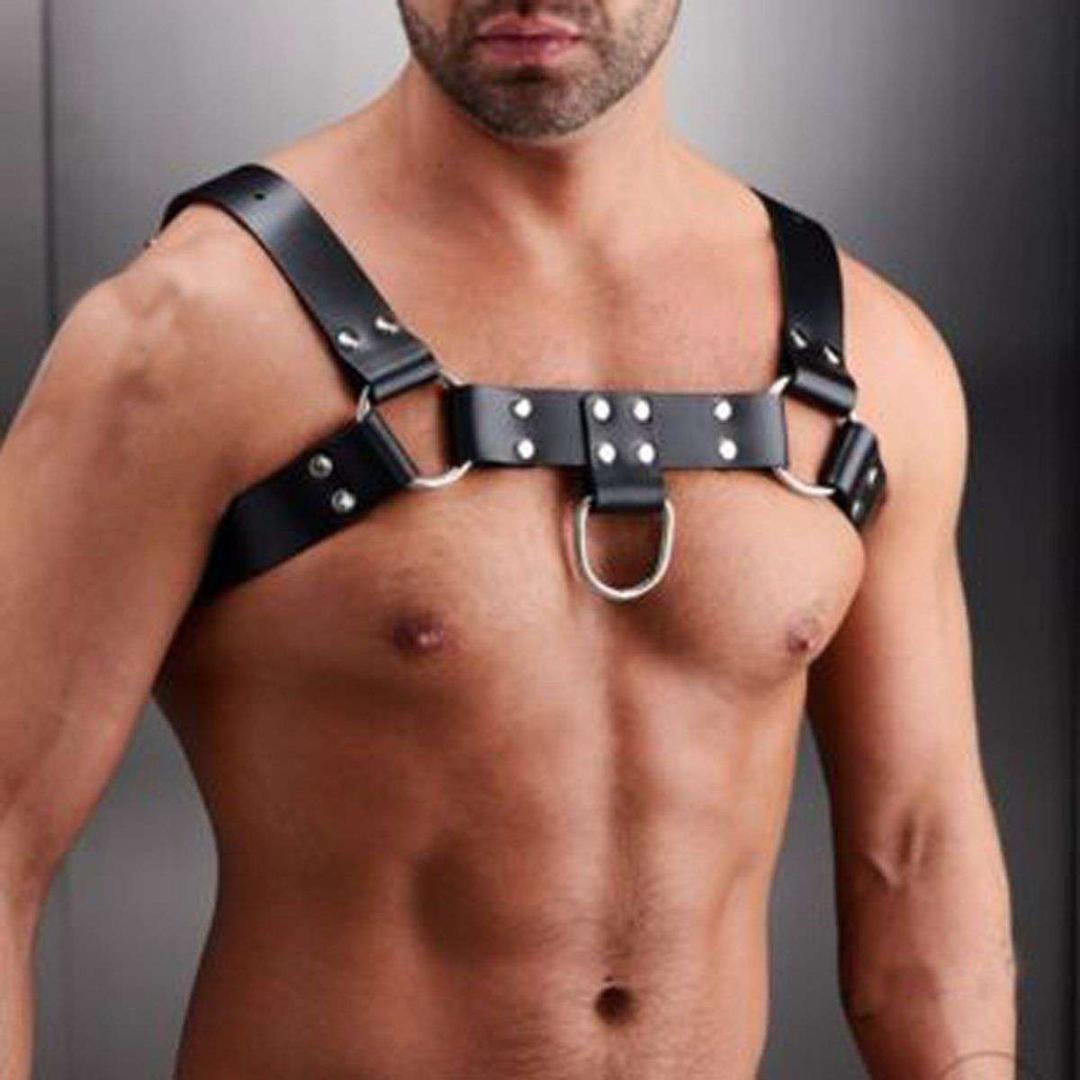 

Men Bondage Harness Men PU Leather Gay Male Bondage in Adult Game Adjustable Buckle Body Chest Harness Costume, As pic