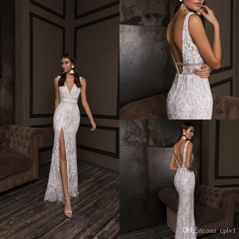

Crystal Design Mermaid Wedding Dresses V Neck Backless Bridal Gowns Front Slit Custom Lace Wedding Dress Plus Size, Silver