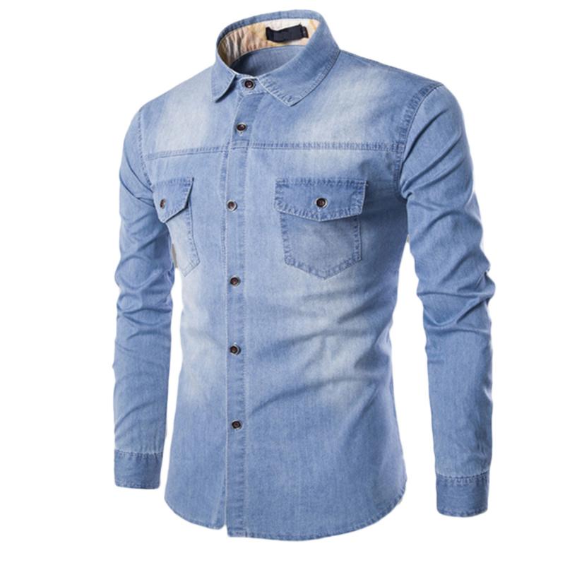 

Fashion Mens Denim Shirt Long Sleeve Plus Size Cotton Jeans Cardigan Casual Slim Fit Shirts Men Two-pocket Tops Clothing -4XL, Dark blue