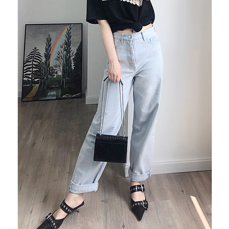 

Women High Waist Denim Jeans 2020 New Summer straight fashion Slim lady long pants trousers, A dark blue