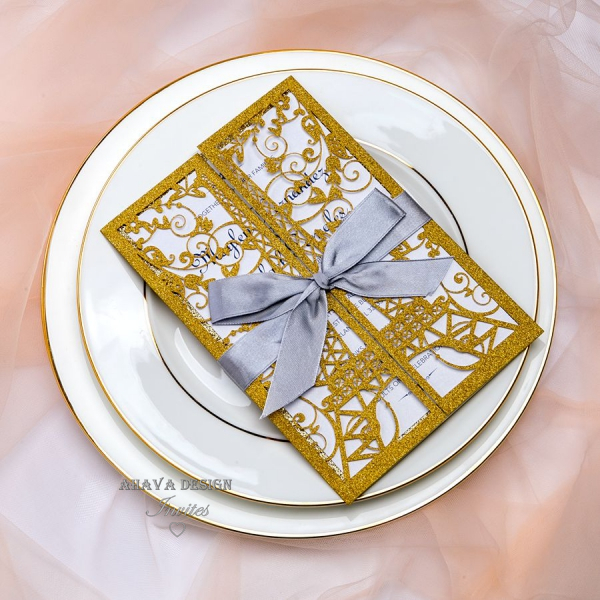 

Elegant Glitter Gold Laser Cut Eiffel Tower Wedding Invitation Cards Greeting Card With Ribbon And Envelope, Champagne