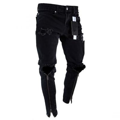 

Mens Zipper Holes Designer Jeans Black Ripped Slim Fit Represen Pencil Pants, Black01