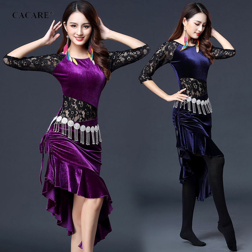 

2020 Velvet Latin Dance Dress Women Latina Salsa Latin Dance Competition Dresses CHEAP Customize D0379 Tassels Hem Lace Sleeve, Headbands