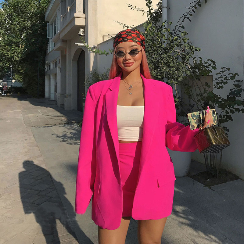 

2 Color Recommended Pink Retro Blue OVERSIZE Loose Silhouette After Split Half Skirt Suit Suit Jacket, Color-1