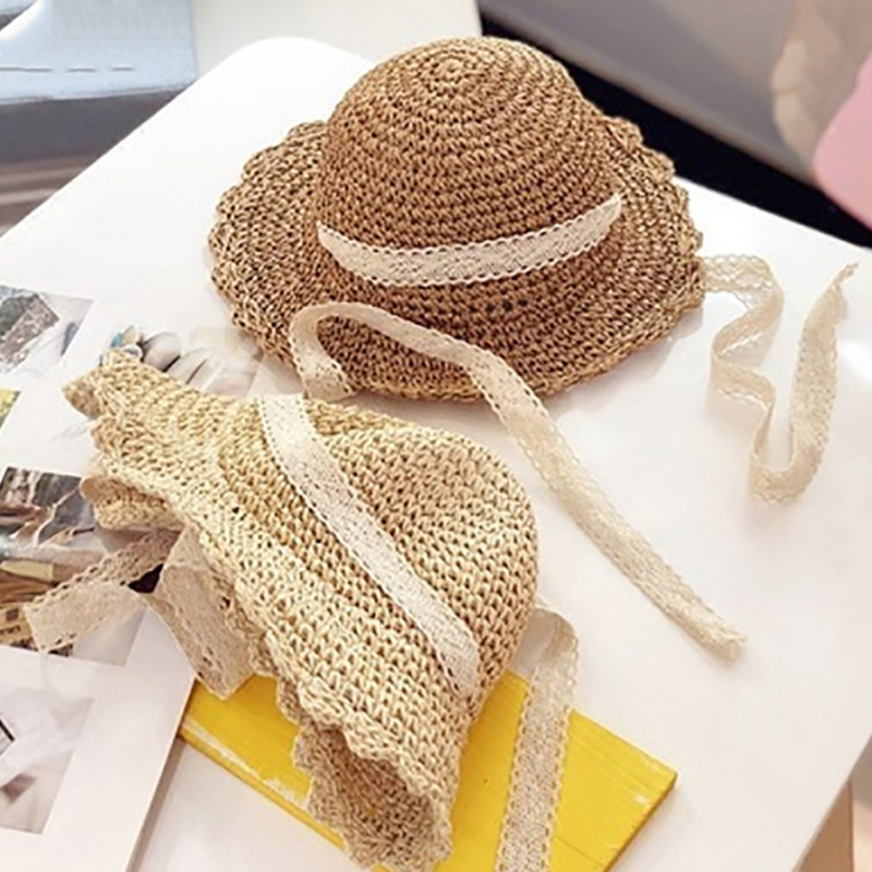 

Children'S Straw Hat Wide-Brimmed Hat Handmade Lace Folding Beach Female Summer Baby Chapeau Femme Parent-Child Cap, Khaki