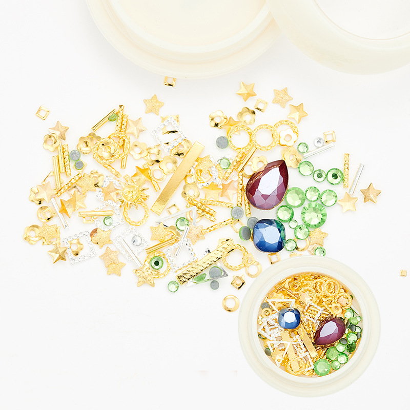 

1 Box 3D Nail Decorations New Arrival DIY Gold Metal RivetS Assorted Mixed Translucent Glass Nail Rhinestone Art