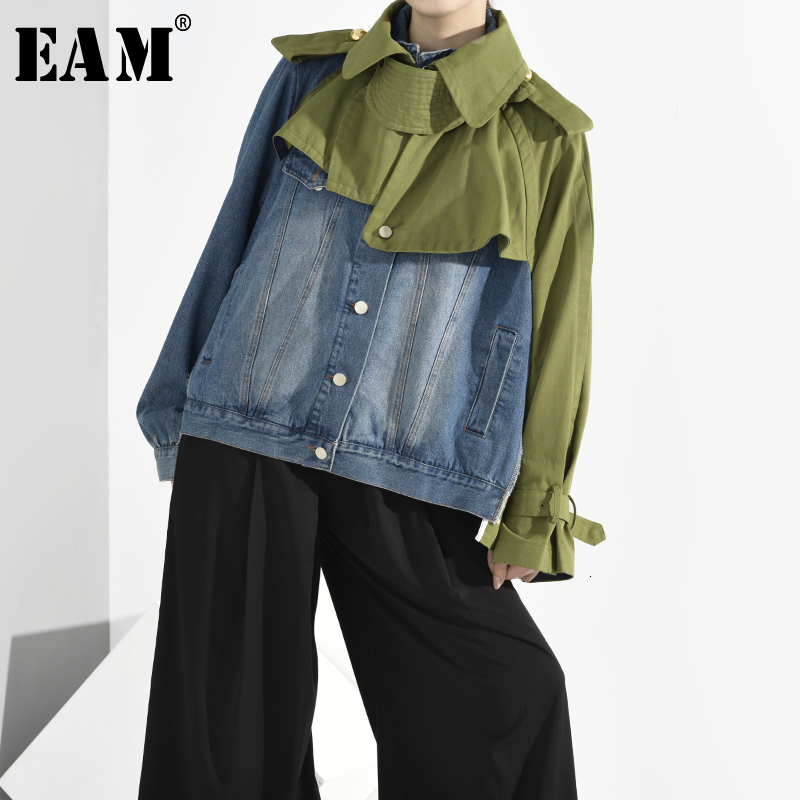 

EAM] Loose Fit Denim Split Big Size Short Jacket New Lapel Long Sleeve Women Coat Fashion Tide Spring Autumn 2020 1B0930, Army green