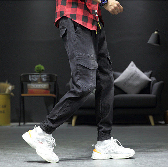 

Mens Designer Knee Pocket Jeans Fashion Drawstring Hiphop Cargo Pants Casual Mens Plus Size Denim Pants, Black