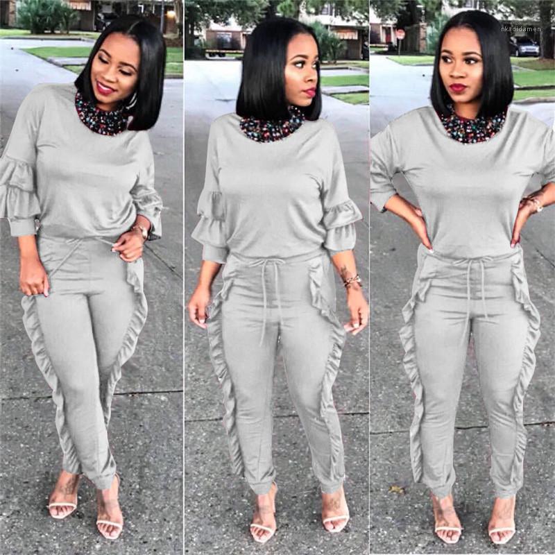 Color Pencil Pants Crew Neck Tops Womens 2 Piece Outfits Spring Womens Two Piece Pants Solid