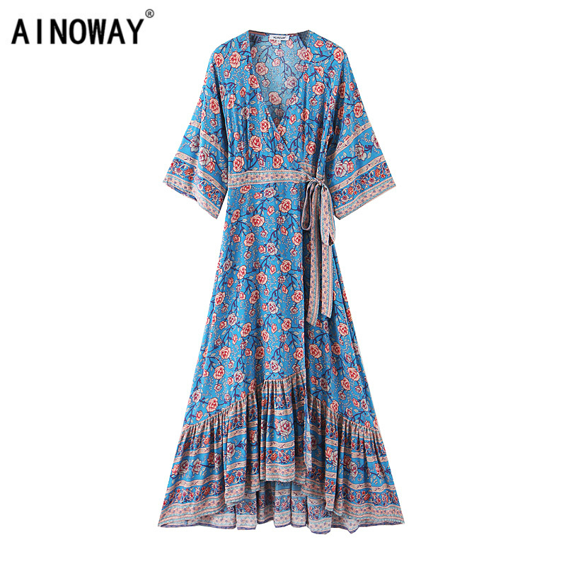 

Vintage chic women floral print half sleeve sashes rayon beach Bohemian maxi dress Ladies v-neck Summer Boho dress vestidos, Blue