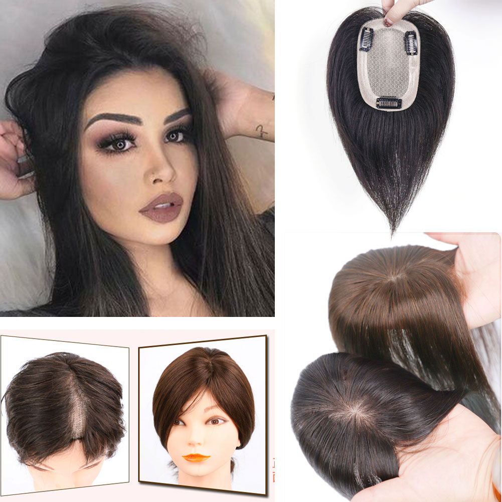 

100% Human Hair Silk Base Top Hairpiece for Women Clip in Crown Topper Hand-made Toupee Middle Part Thinning Hair Grey Hair, Natural color