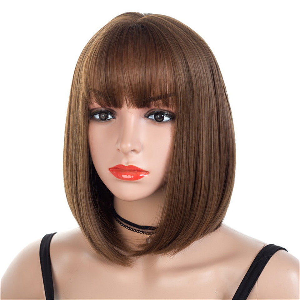 

Brown Short Wigs Bob Style Straight Synthetic Black Women's Wig with Bangs 12 Inches Soft Hair Blonde Wig, 12inches