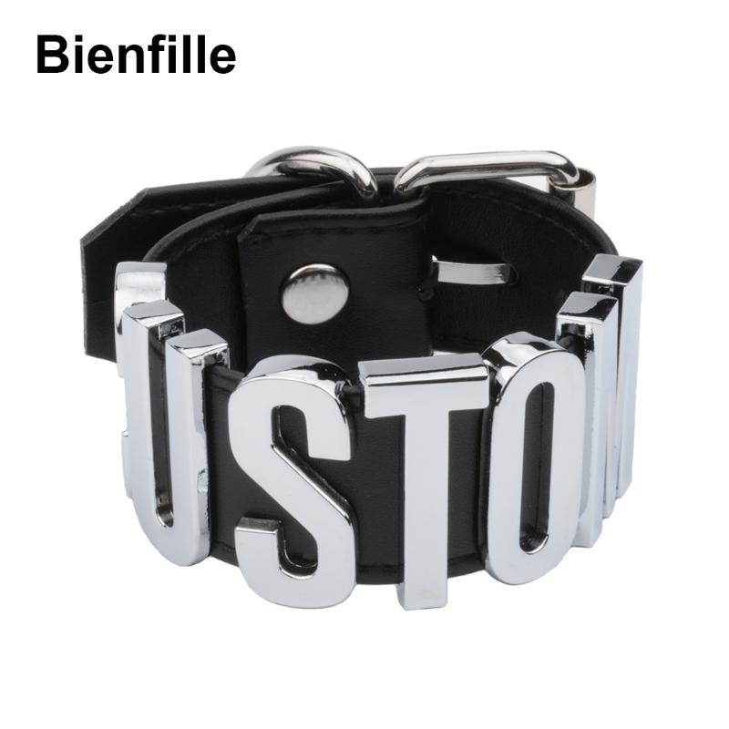 

Personalized Word Goth Punk PU Leather Wrist Men Women Bangle Handmade Choose Names Bondage Bracelet Festival Gift For Girls