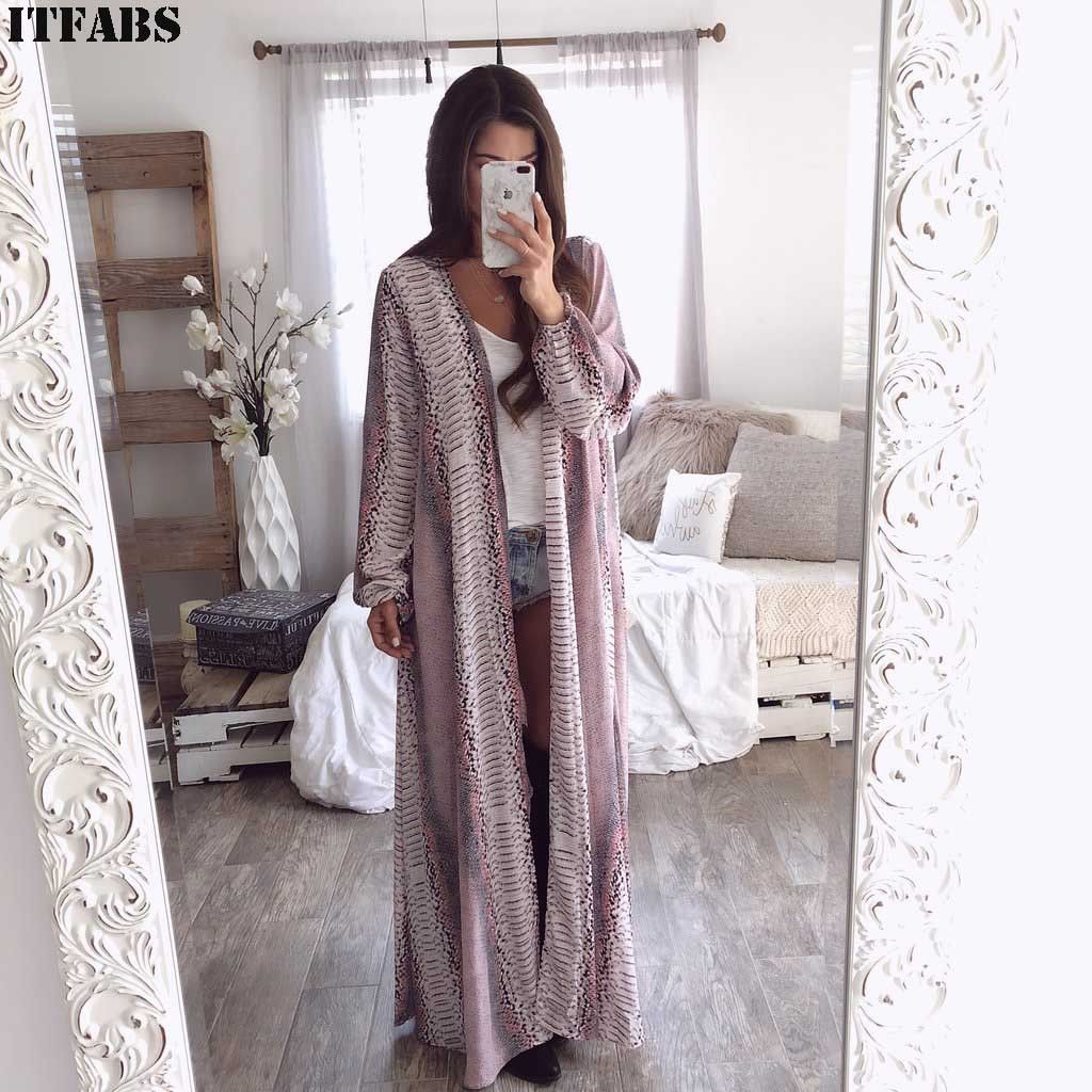 

Fashion Spring Women Long Maxi Cardigan Open Stitch Snake Skin Print Chiffon Loose Casual Overcoat Boho Slim Long Sleeve Jackets, As pic