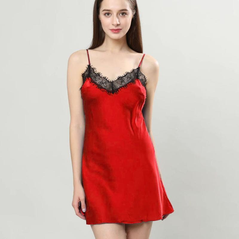 

Women' Sleepwear Porno Lingerie Ladies Sexy Night Dress Satin Sleeveless Nighgown V-neck Lace Nightwear Women Nightshirt Nightie, Black