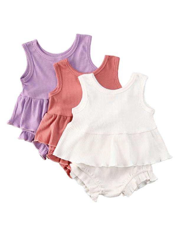 

New Baby Girls Breathable Flouncing Solid Color Sleeveless Top Shorts Set Toddlers Summer Casual Round Collar Top+Short Trousers