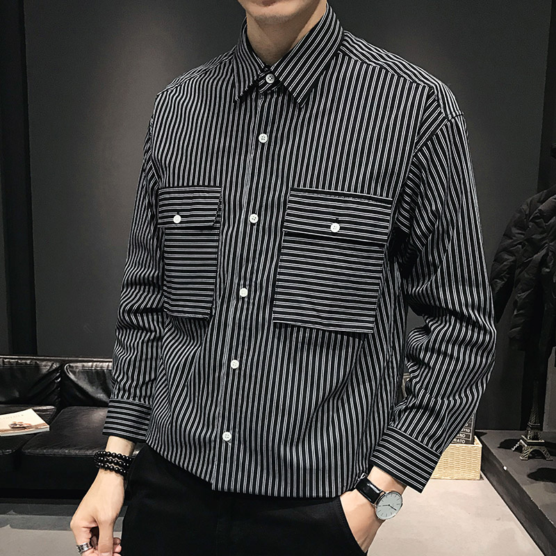 

Men's Fashion Stripe Casual Long Sleeve Shirts Men Formal Business High Quality Slim Fit Dress Shirts Blouse, Black