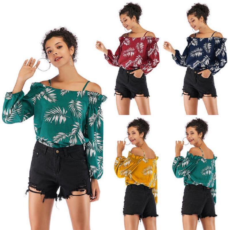 

Womens Leaves Printed Tops Cold Shoulder Floral Classic Long Lantern Sleeve Shirts Long-sleeved Chiffon Tops Collar Shirt, Green
