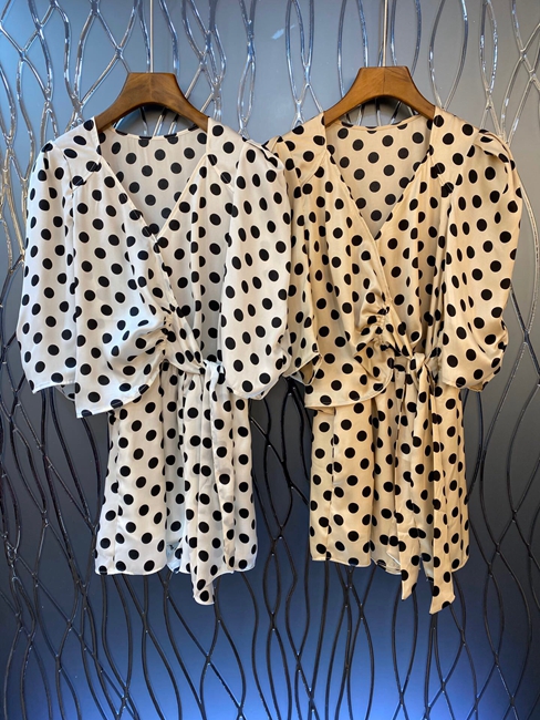 

2020 Spring and Summer New Women' V-neck Irregular Cut Waist Kink Polka Dot Printed Jumpsuits 421, Khaki