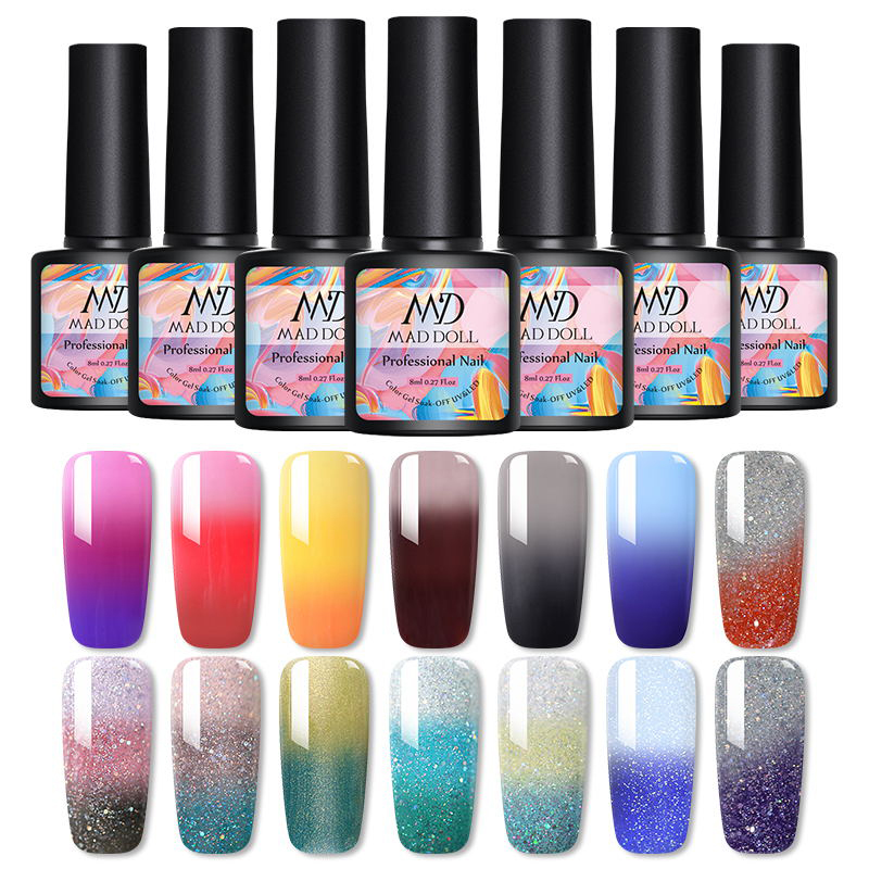 

MAD DOLL 8ml Thermal Gel Nail Polish Temperature Color Changing Gel Glitter Soak Off UV LED Varnish Nail Art Design, No wipe top coat