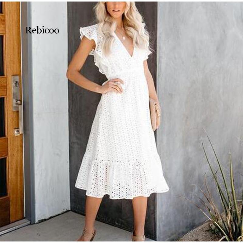 

Hollow Out White Deep V Neck Ruffle White Lace Summer Dress Women Vacation Beach Sexy Dress Sleeveless Long Elegant