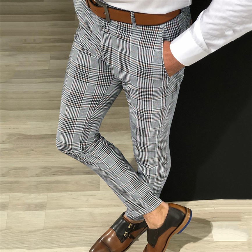 

Hot Sale Men's Clothing Pants Fashion Men Male Casual Plaid Print Drawstring Elastic Waist Long Pants Trousers Drop Shipping, Gray