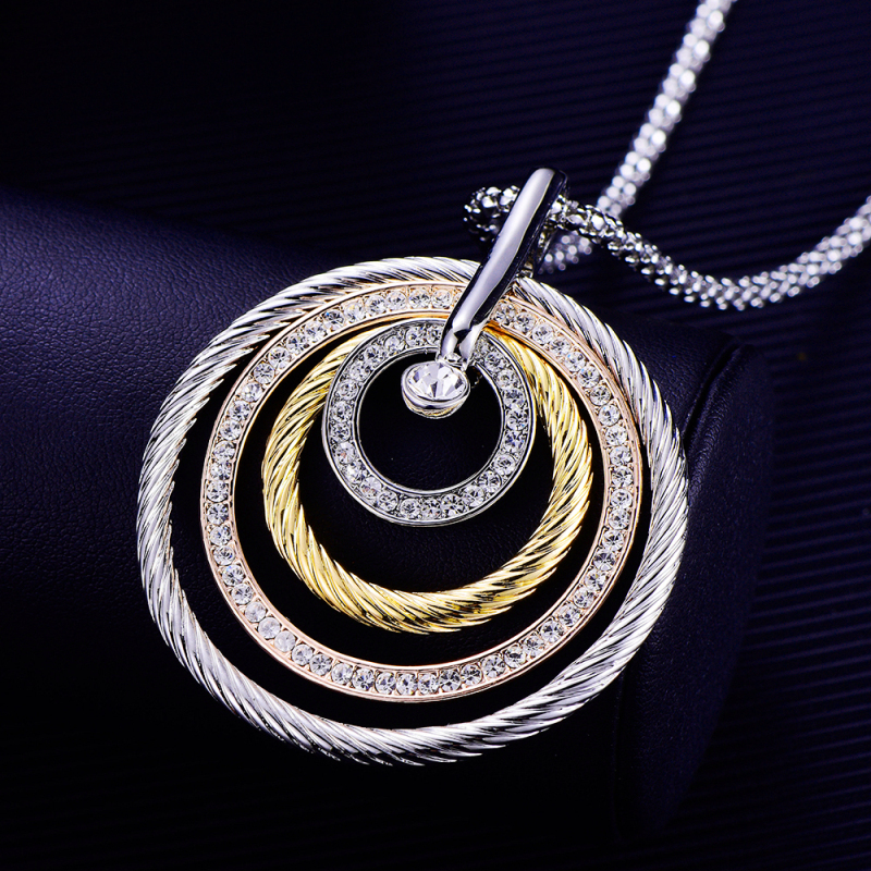 

Fashion Design 4 Circles Big Pendant Necklace For Women Rhinestone Gold SIlver Color Popcorn Chain Long Necklaces Jewelry