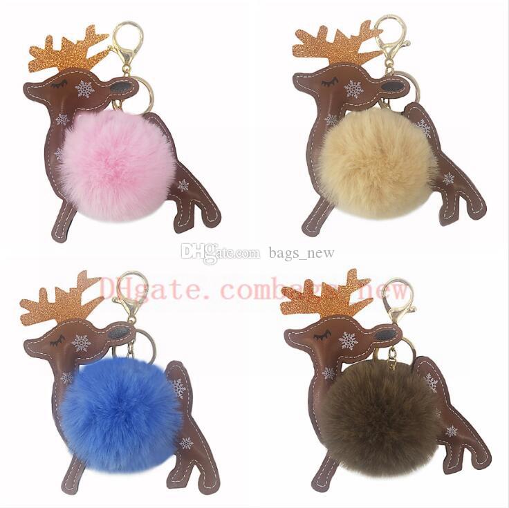 

Cute Fluffy Reindeer Keychain Keyring Artificial Rabbit Fur Ball Key Chains Deer Animal Bag Charms Trinket Car Key Ring Free Shipping