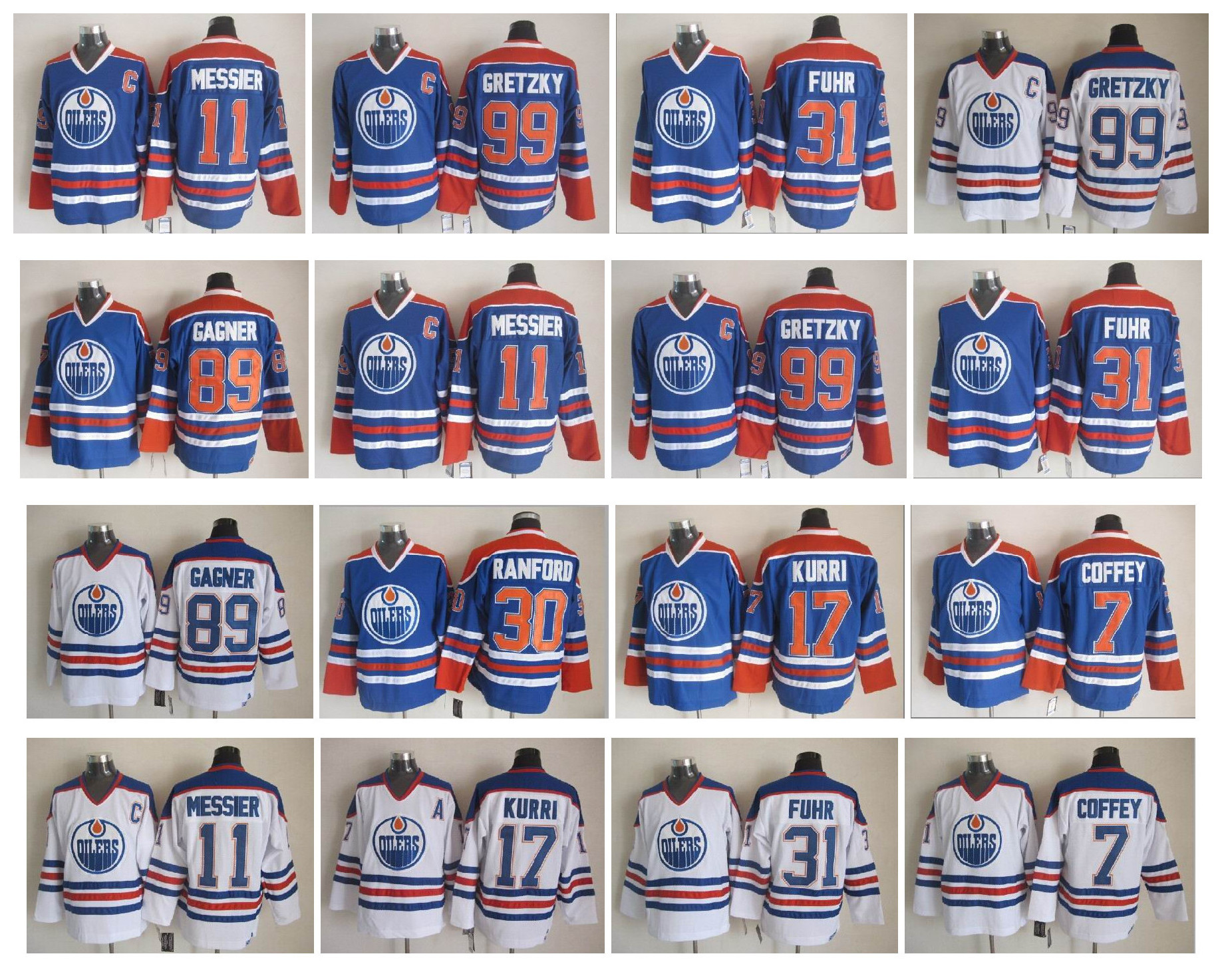 

Vintage Edmonton Oilers Jersey 99 Wayne Gretzky 11 Mark Messier 31 Grant Fuhr 7 Paul Coffey 17 Jari Kurri 89 Sam Gagner Ranford Retro Hockey, As pic