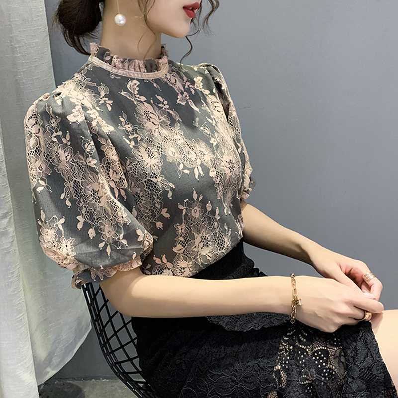 

Elegant Vinatge Lace Blouse Women Korean 2020 summer Puff Short sleeve blouses and Tops plus size shirt Female chemisier femme, Gray